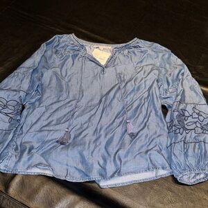 Blue Embroidered Blouse with Tassels, NWT, size L